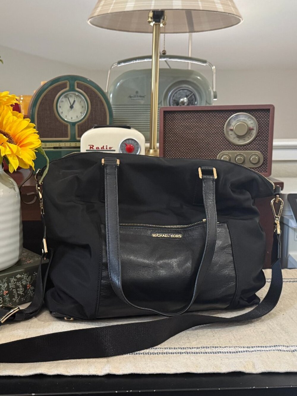 NWT Michael Kors Ariana Large Black Nylon Tote | Leather Trim | Gold Hardware |